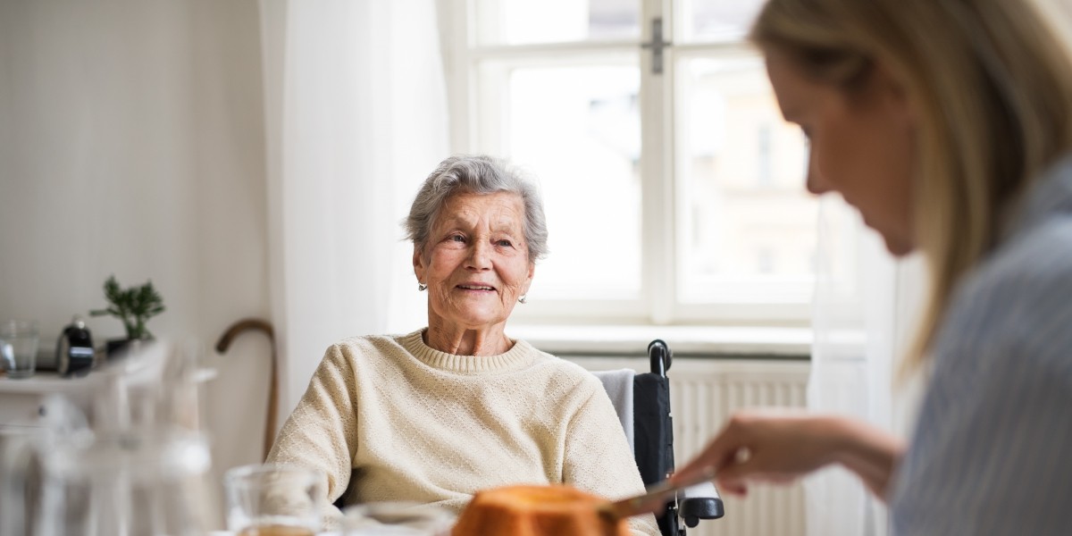 picture of older woman in wheelchair having lunch and talking